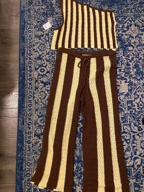 Free People Striped Knit Joggers and Top in Brown and Cream
